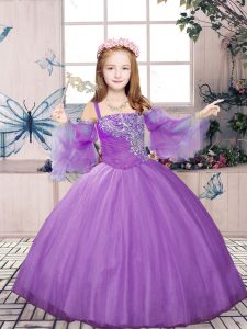 Sleeveless Floor Length Beading Lace Up Kids Formal Wear with Lavender