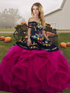 Fitting Off The Shoulder Sleeveless Quinceanera Dress Floor Length Embroidery and Ruffles Fuchsia Tulle