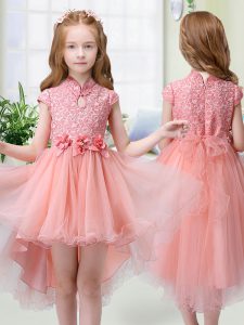 Amazing Cap Sleeves Zipper High Low Lace and Hand Made Flower Toddler Flower Girl Dress