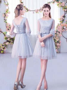 On Sale Lace Court Dresses for Sweet 16 Grey Lace Up Half Sleeves Mini Length