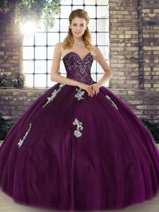 Elegant Dark Purple Ball Gowns Sweetheart Sleeveless Tulle Floor Length Lace Up Beading and Appliques Quinceanera Gowns