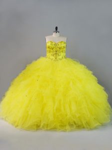 Simple Sweetheart Sleeveless Tulle 15th Birthday Dress Beading and Ruffles Lace Up