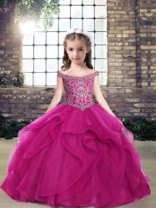 Off The Shoulder Sleeveless Pageant Gowns For Girls Floor Length Beading and Ruffles Fuchsia Tulle