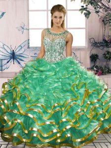 Turquoise Ball Gowns Organza Scoop Sleeveless Beading and Ruffles Floor Length Lace Up 15th Birthday Dress