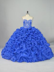 Elegant Blue Ball Gowns Sweetheart Sleeveless Organza and Elastic Woven Satin Brush Train Lace Up Beading and Pick Ups Quinceanera Dresses