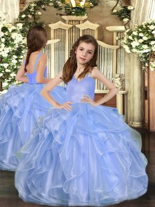 Straps Sleeveless Lace Up Little Girl Pageant Dress Blue Organza