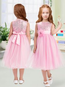 Rose Pink Sleeveless Tea Length Sequins and Hand Made Flower Zipper Flower Girl Dresses for Less