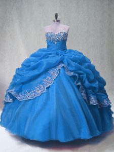 Pretty Sweetheart Sleeveless Ball Gown Prom Dress Floor Length Beading and Appliques and Pick Ups Blue Organza