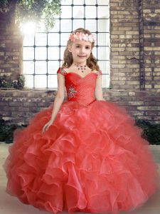 Red Sleeveless Beading Floor Length Little Girls Pageant Dress Wholesale