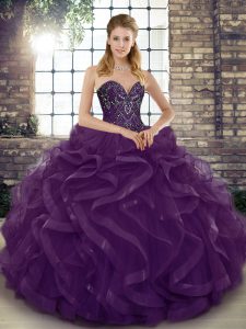 Dark Purple Sweetheart Lace Up Beading and Ruffles Sweet 16 Dress Sleeveless