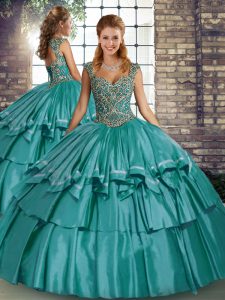 Cute Floor Length Teal Quinceanera Gown Straps Sleeveless Lace Up