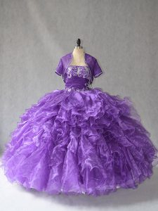 Purple Sleeveless Beading and Ruffles Floor Length Vestidos de Quinceanera