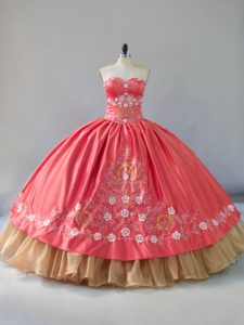 Graceful Watermelon Red Ball Gowns Sweetheart Sleeveless Satin and Organza Floor Length Lace Up Embroidery Quinceanera Dress