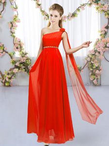 Fabulous Red Lace Up Quinceanera Court of Honor Dress Beading and Hand Made Flower Sleeveless Floor Length
