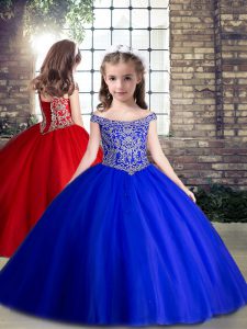 Beading Kids Pageant Dress Royal Blue Lace Up Sleeveless Floor Length