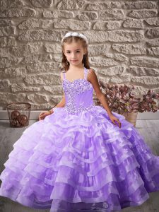 Sleeveless Brush Train Lace Up Beading and Ruffled Layers Little Girls Pageant Gowns