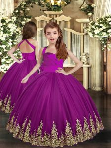Purple Lace Up Straps Embroidery Little Girls Pageant Dress Tulle Sleeveless