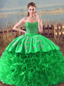 Sleeveless Fabric With Rolling Flowers Lace Up Quinceanera Dress in Green with Embroidery and Ruffles