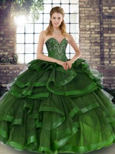 Pretty Green Tulle Lace Up Quince Ball Gowns Sleeveless Floor Length Beading and Ruffles