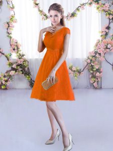 V-neck Cap Sleeves Lace Up Court Dresses for Sweet 16 Orange Red Lace