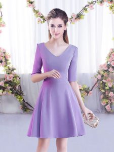 Spectacular Lavender Chiffon Zipper Dama Dress for Quinceanera Half Sleeves Mini Length Ruching
