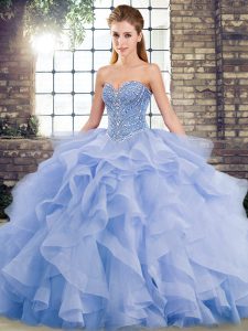 Lavender Sleeveless Brush Train Beading and Ruffles Quinceanera Gown