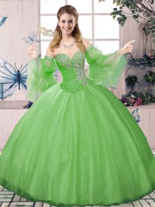 Green Ball Gown Prom Dress Sweet 16 and Quinceanera with Beading Sweetheart Long Sleeves Lace Up