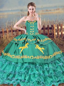 Custom Made Sweetheart Sleeveless Satin Quinceanera Gown Embroidery and Ruffled Layers Lace Up