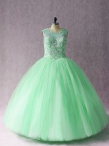 Custom Made Sleeveless Floor Length Beading Lace Up Quinceanera Gown with Apple Green