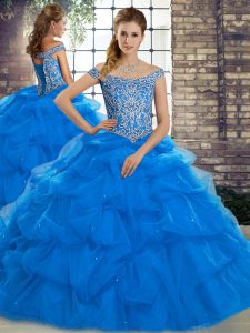 Dynamic Blue Ball Gowns Beading and Pick Ups Quinceanera Dress Lace Up Tulle Sleeveless