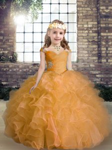 Latest Orange Organza Lace Up Little Girls Pageant Dress Sleeveless Floor Length Beading and Ruffles
