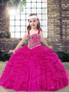 Eye-catching Sleeveless Tulle Floor Length Lace Up Little Girl Pageant Dress in Fuchsia with Beading