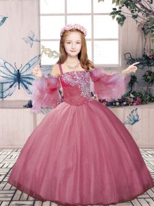 Best Pink Tulle Lace Up Straps Sleeveless Floor Length Kids Pageant Dress Beading