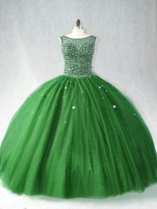 Tulle Scoop Sleeveless Brush Train Zipper Beading 15th Birthday Dress in Dark Green