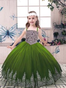 Sleeveless Floor Length Beading and Embroidery Lace Up Child Pageant Dress with Olive Green