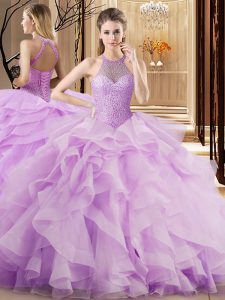 Hot Sale Lilac Ball Gowns Organza Halter Top Sleeveless Beading and Ruffles Lace Up Vestidos de Quinceanera Brush Train
