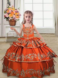 Straps Sleeveless Little Girl Pageant Dress Floor Length Embroidery and Ruffled Layers Rust Red Satin
