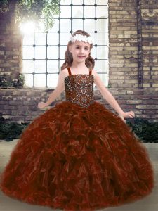 Luxurious Rust Red Organza Lace Up Straps Sleeveless Floor Length Pageant Gowns Beading
