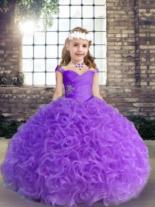 Elegant Floor Length Child Pageant Dress Purple for Party and Wedding Party with Beading and Ruching