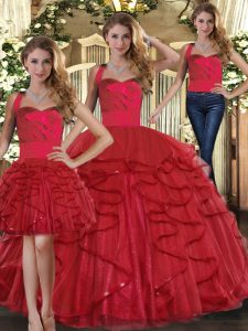 Red Three Pieces Ruffles 15th Birthday Dress Lace Up Tulle Sleeveless Floor Length