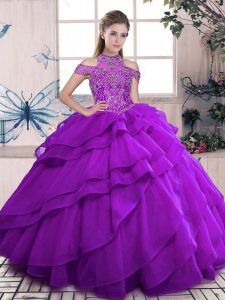 Sleeveless Organza Floor Length Lace Up Party Dress Wholesale in Purple with Beading and Ruffles