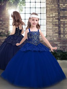 Unique Blue Lace Up Straps Beading Kids Pageant Dress Tulle Sleeveless