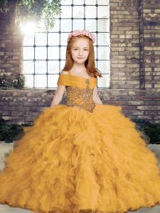 Fashionable Ball Gowns Little Girl Pageant Dress Gold Straps Tulle Sleeveless Floor Length Lace Up