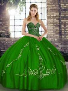 Custom Design Beading and Embroidery Quinceanera Gown Green Lace Up Sleeveless Floor Length