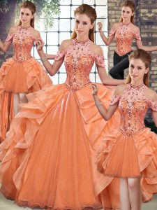 Stunning Organza Halter Top Sleeveless Lace Up Beading and Ruffles Quinceanera Gowns in Orange