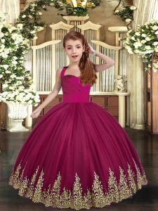 Burgundy Sleeveless Embroidery Floor Length Little Girls Pageant Gowns