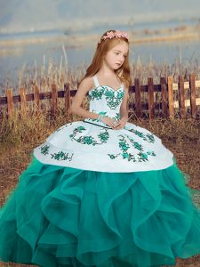 Straps Sleeveless Lace Up Embroidery and Ruffles Kids Formal Wear in Teal