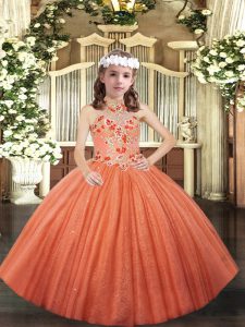 Halter Top Sleeveless Lace Up Little Girls Pageant Gowns Orange Tulle