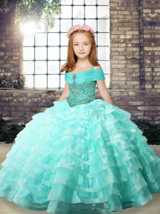 Apple Green Organza Lace Up Straps Sleeveless Little Girl Pageant Gowns Brush Train Ruffled Layers