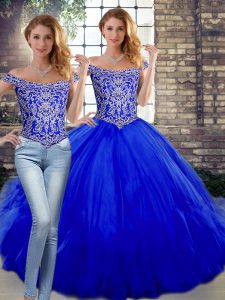 Beading and Ruffles Sweet 16 Dresses Royal Blue Lace Up Sleeveless Floor Length